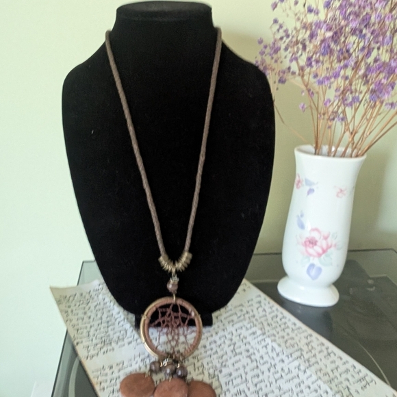 Bohemian Dreamcatcher Necklace in Brown and Silver - Picture 9 of 12